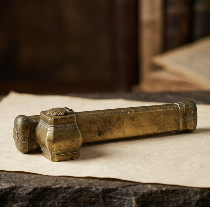 Antique Persian-Region Brass Qalamdan Traveling Inkwell & Pen Case | قلمدان برنجی کهن، منسوب به ایران، همراه با دوات سفری و جای قلم