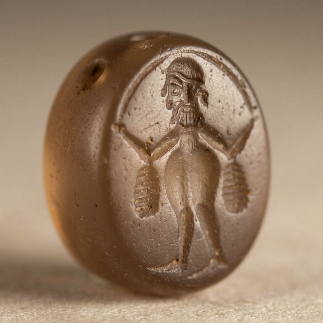 Attributed Sasanian Chalcedony Stamp Seal — Bearded Male Figure | مُهر کلسدونی منسوب به دوره ساسانی