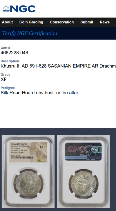 Khusru II Sasanian Silver Drachm, AD 591–628 — NGC XF | درهم نقره‌ای خسرو پرویز، دارای گواهی NGC